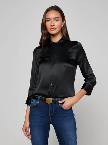 L'AGENCE Dani 3/4 sleeve silk blouse in black