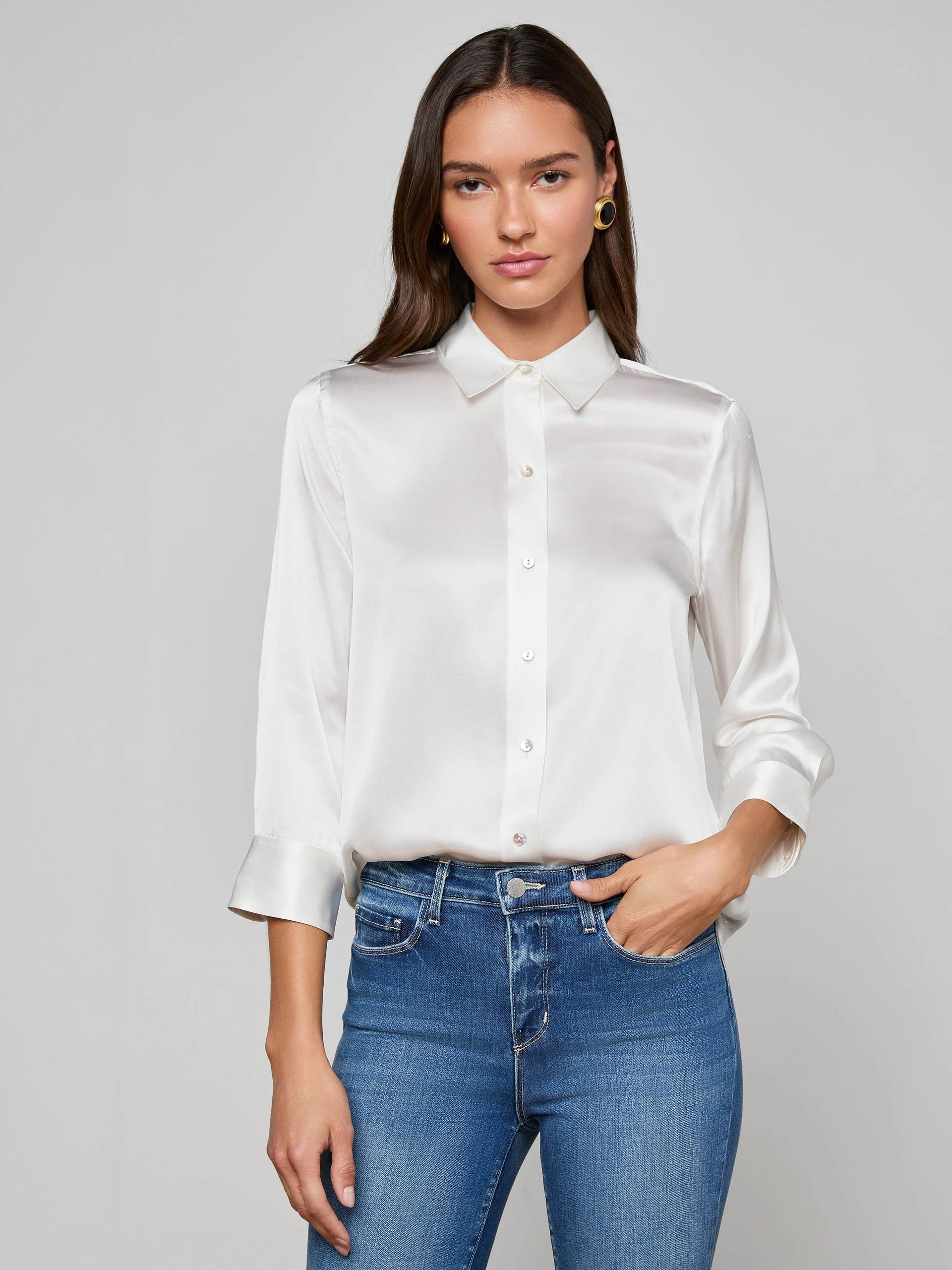 L'AGENCE Dani 3/4 sleeve silk blouse in ivory