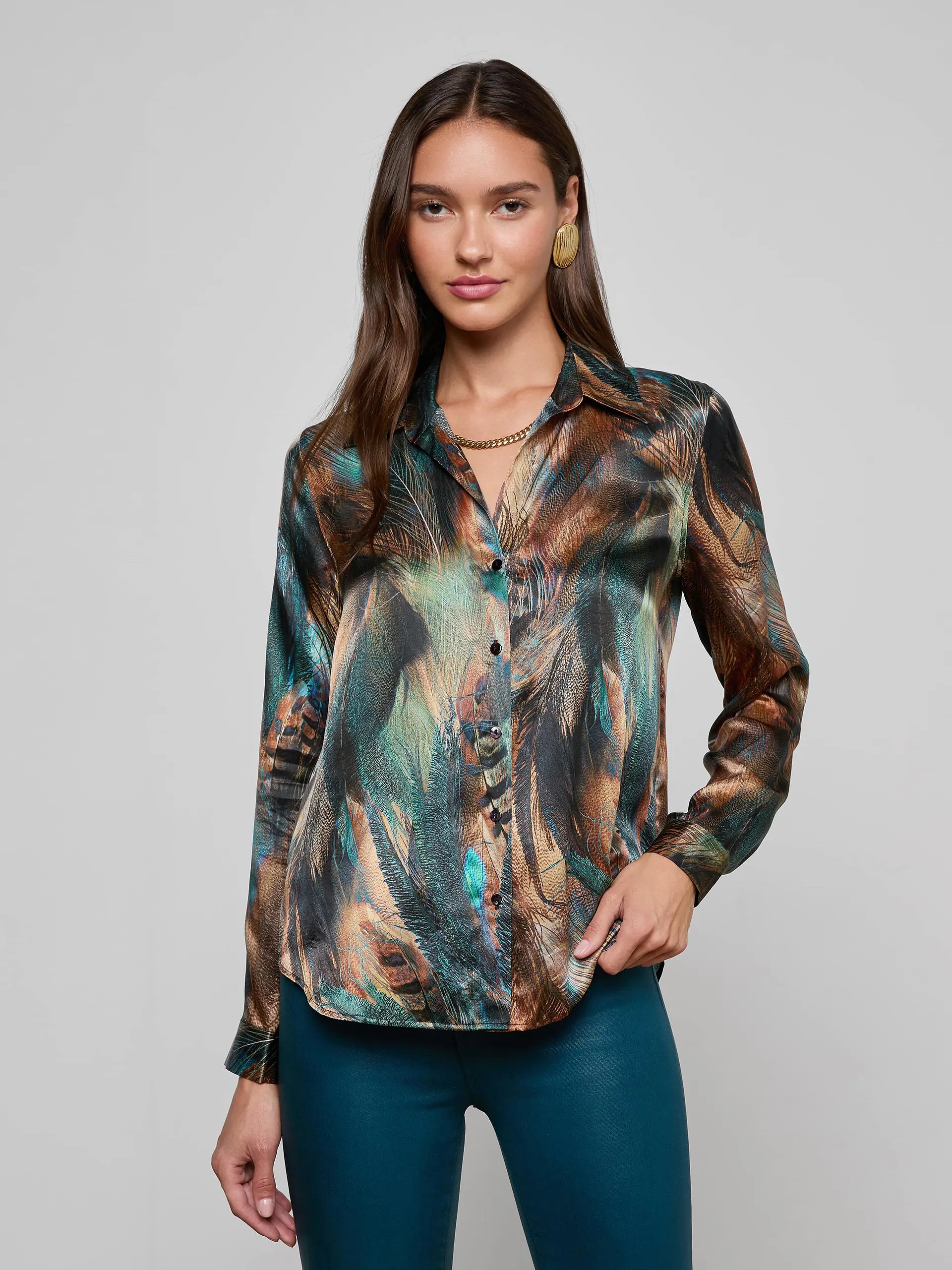 L'AGENCE Tyler L/S Blouse in Teal Multi Mix Feather
