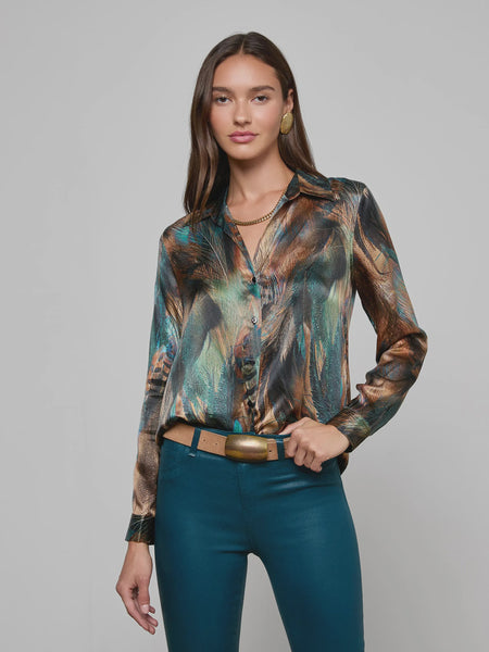 L'AGENCE Tyler L/S Blouse in Teal Multi Mix Feather