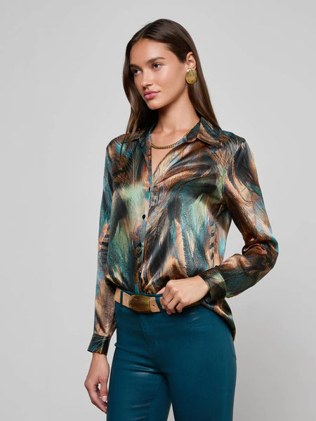 L'AGENCE Tyler L/S Blouse in Teal Multi Mix Feather