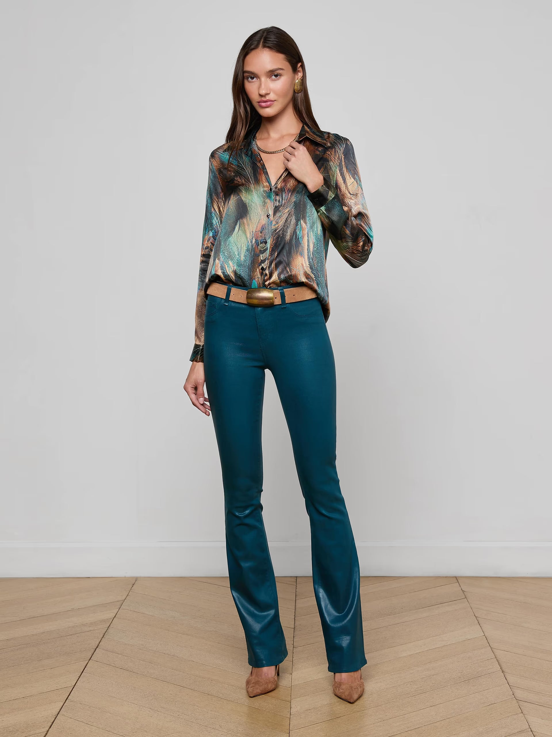 L'AGENCE Tyler L/S Blouse in Teal Multi Mix Feather