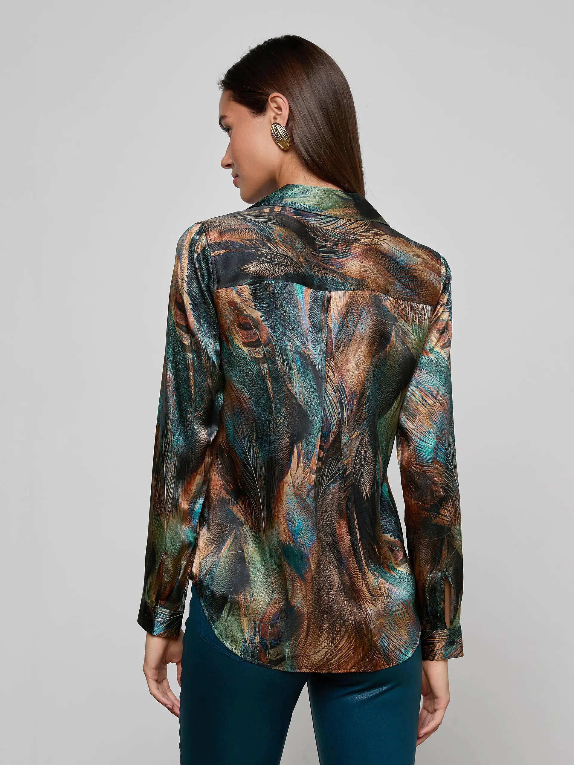 L'AGENCE Tyler L/S Blouse in Teal Multi Mix Feather