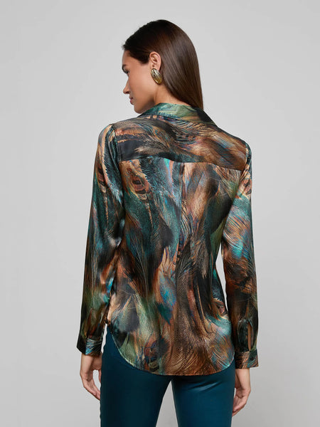 L'AGENCE Tyler L/S Blouse in Teal Multi Mix Feather