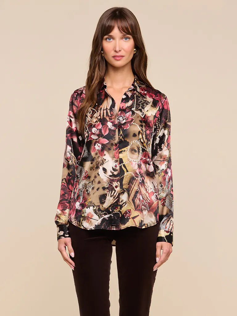 L'AGENCE Tyler L/S Blouse in Burgundy Multi Lux Collage