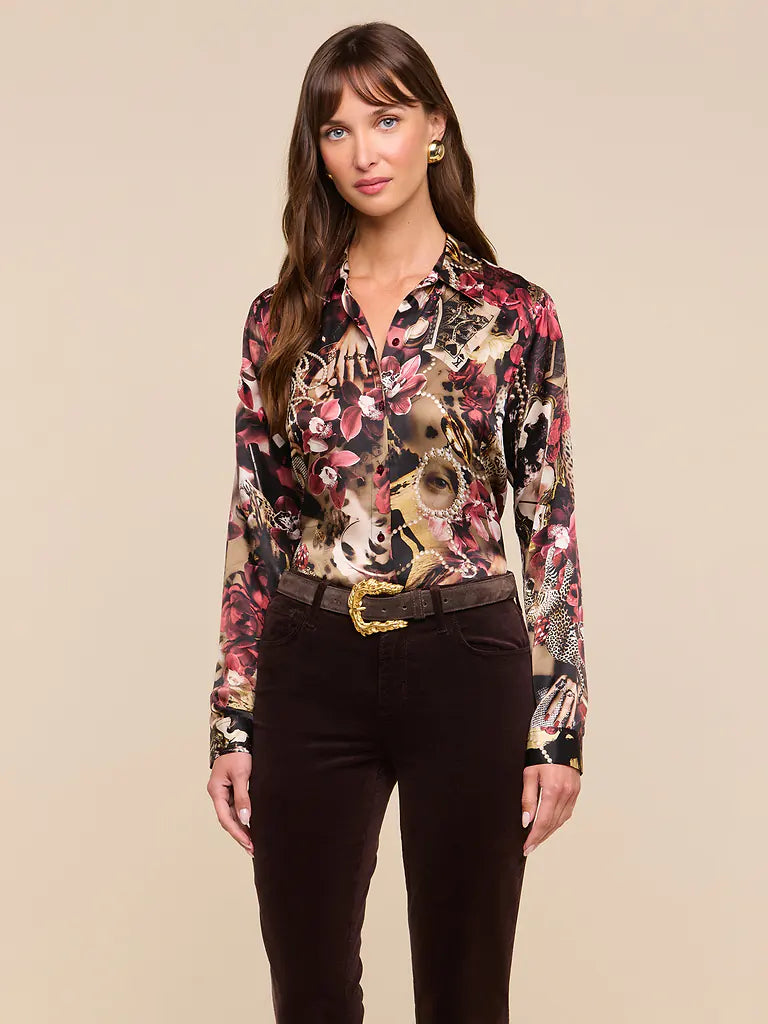 L'AGENCE Tyler L/S Blouse in Burgundy Multi Lux Collage