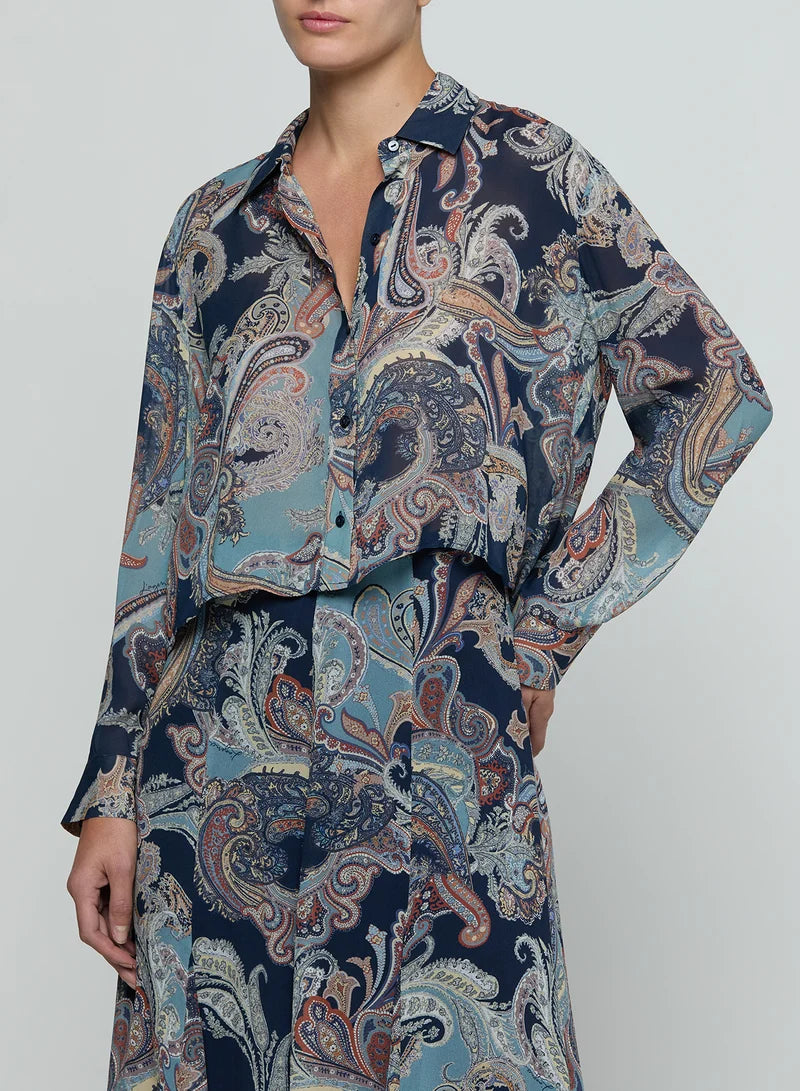 L'AGENCE Cosette Crop Hi Low Shirt in Midnight Besarabian Pailsey