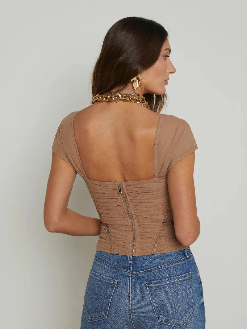 L'AGENCE Asuka Shirred Mesh Top in Cappuccino