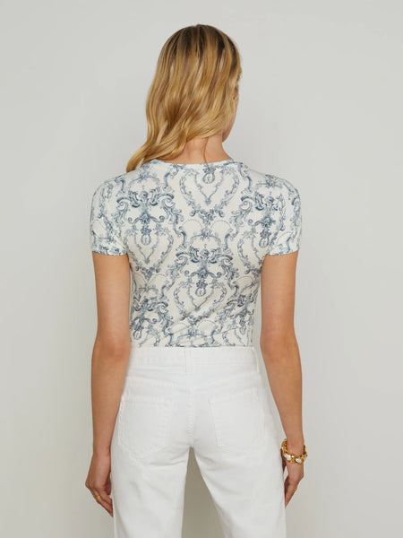 L'AGENCE Ressi Crew S/S Tee in Wht/Blu Baroque Swirl