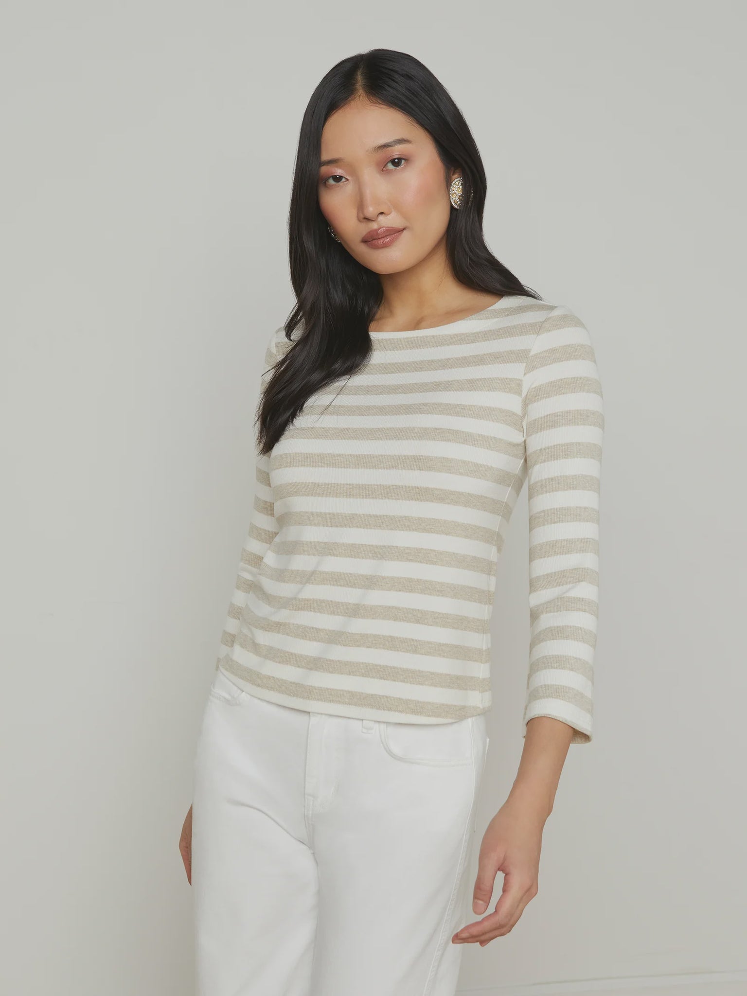 L’AGENCE Lucille stripe boatneck top in Ivory/Marble