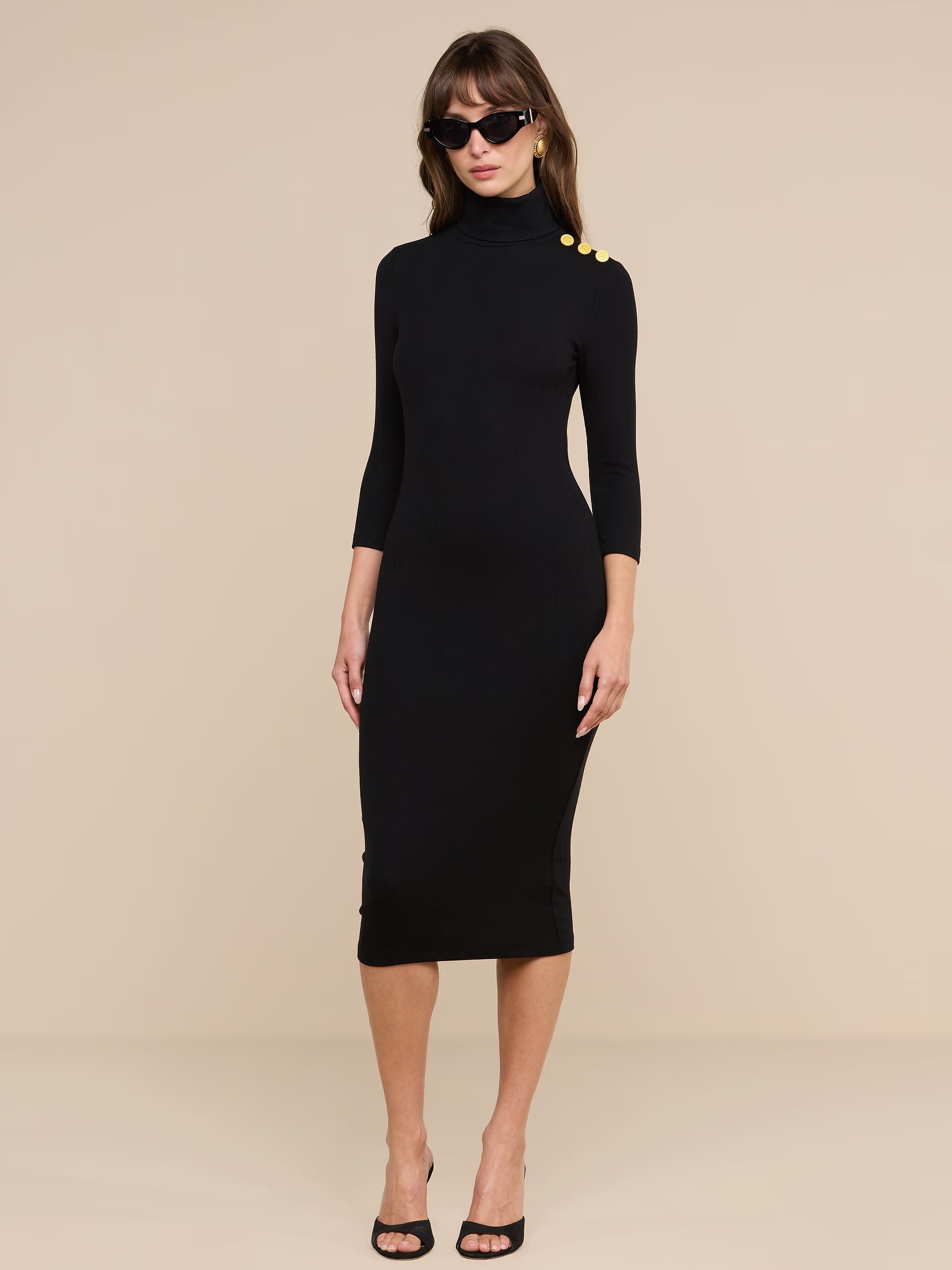 L'AGENCE Voletta 3/4 Sleeve Turtleneck Knit Dress in Black