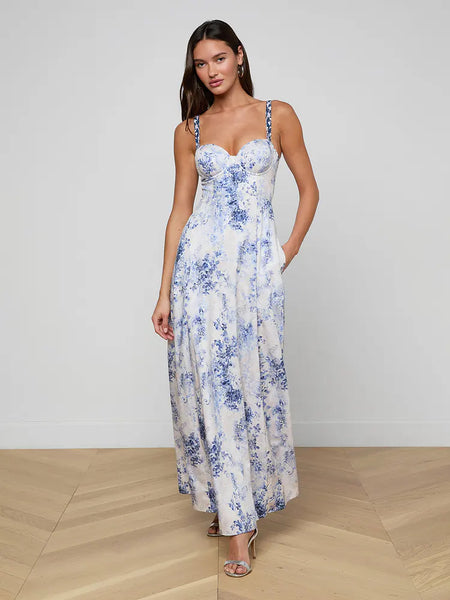 L'AGENCE Sutton Beaded Strap Gown in Ivory/Blue Watercolour Paisley