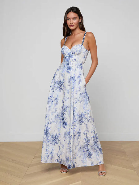 L'AGENCE Sutton Beaded Strap Gown in Ivory/Blue Watercolour Paisley