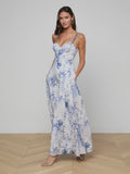 L'AGENCE Sutton Beaded Strap Gown in Ivory/Blue Watercolour Paisley