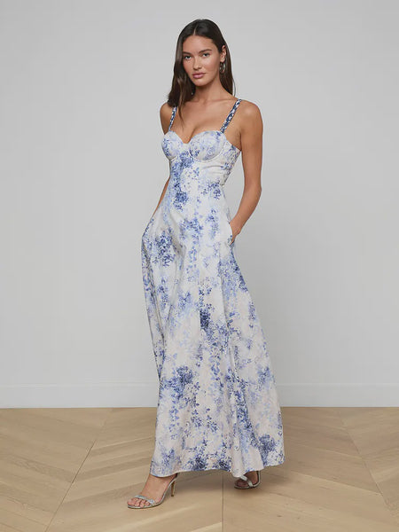 L'AGENCE Sutton Beaded Strap Gown in Ivory/Blue Watercolour Paisley
