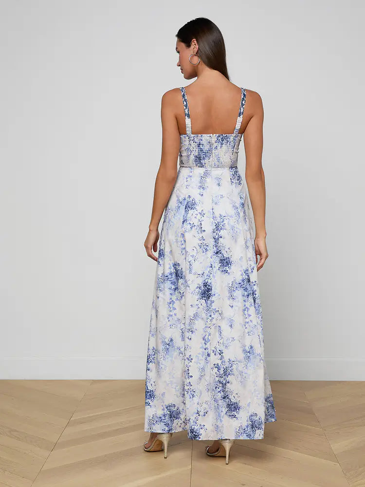 L'AGENCE Sutton Beaded Strap Gown in Ivory/Blue Watercolour Paisley