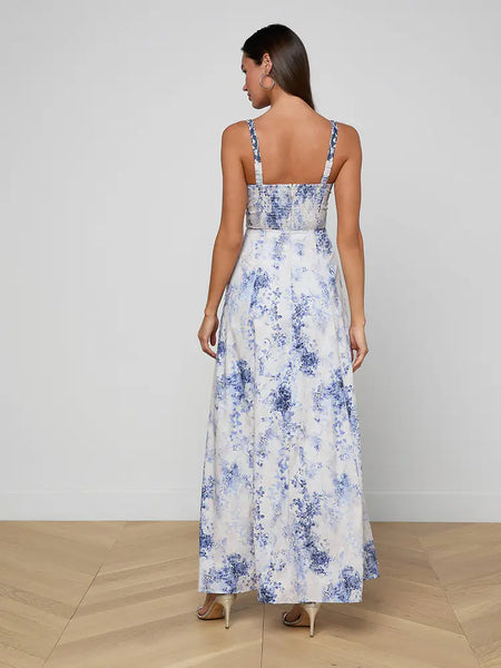L'AGENCE Sutton Beaded Strap Gown in Ivory/Blue Watercolour Paisley
