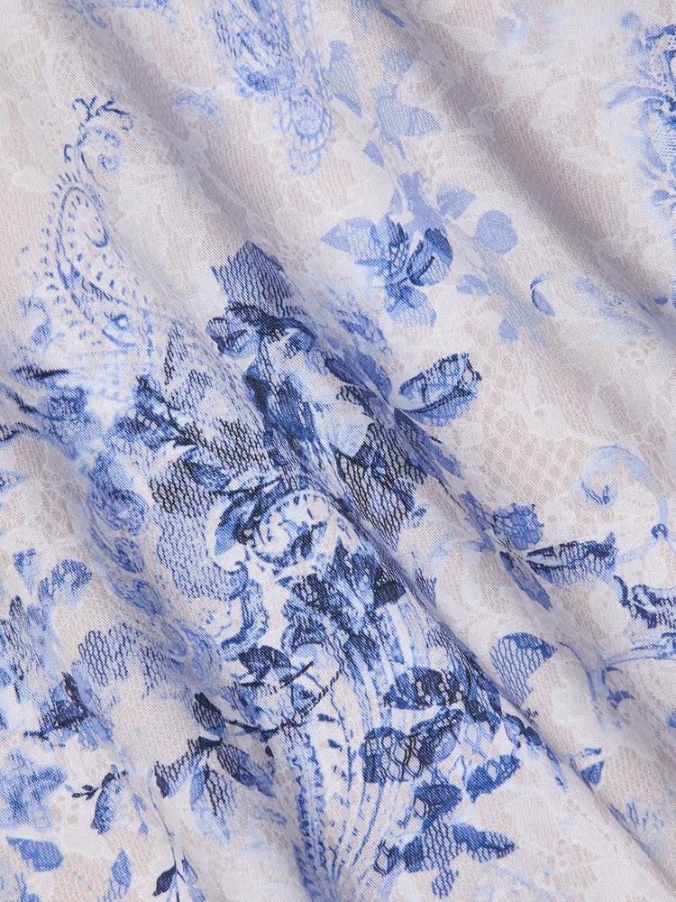 L'AGENCE Sutton Beaded Strap Gown in Ivory/Blue Watercolour Paisley