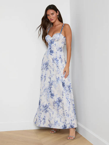 L'AGENCE Sutton Beaded Strap Gown in Ivory/Blue Watercolour Paisley