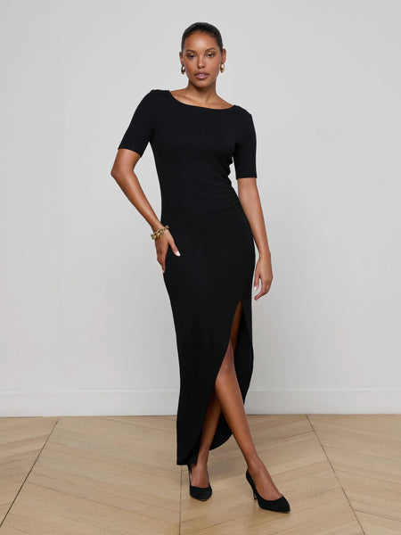 L'AGENCE Lennon Short Sleeve Slit Maxi Dress in Black