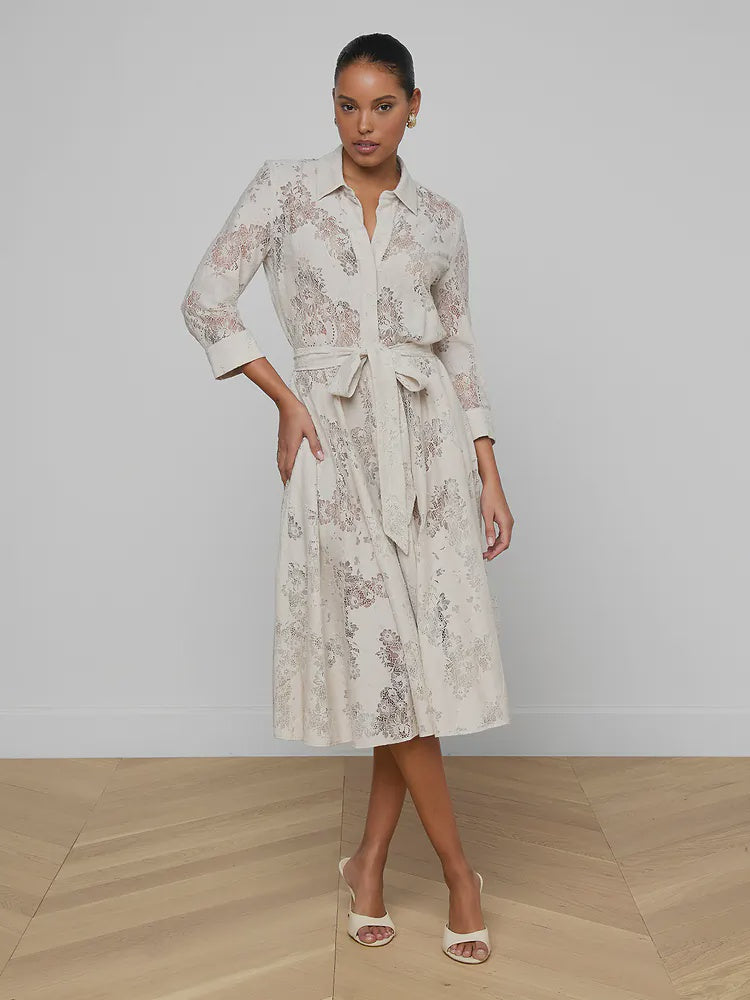 L'AGENCE Ralphie Lace Midi Dress in Champagne