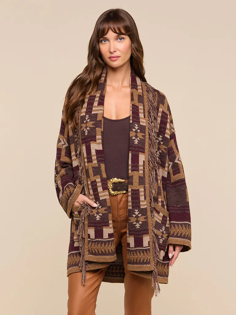 L'AGENCE Jair Jacquard Fringe Cardigan in Dark Java/Burgundy Multi
