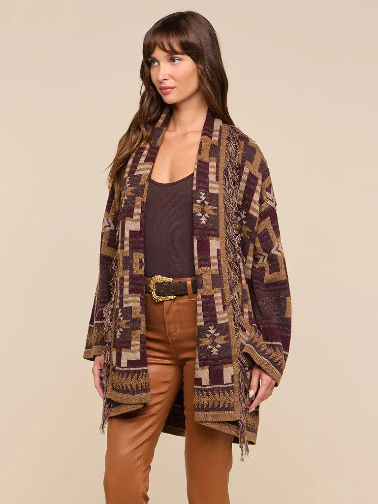 L'AGENCE Jair Jacquard Fringe Cardigan in Dark Java/Burgundy Multi