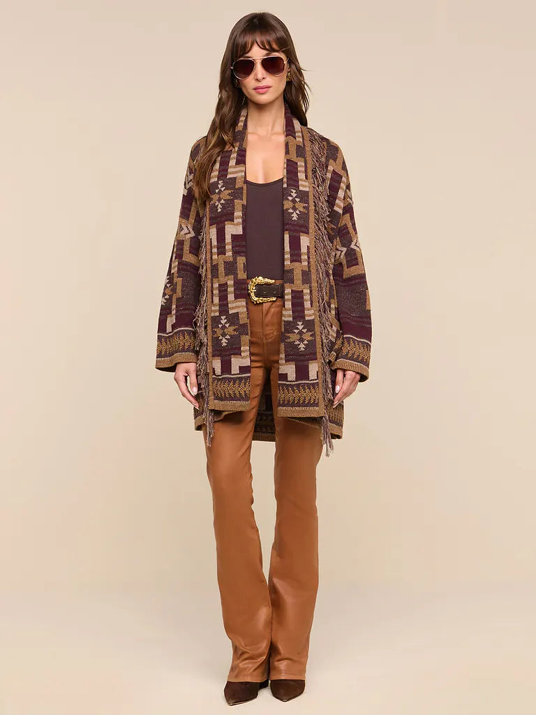 L'AGENCE Jair Jacquard Fringe Cardigan in Dark Java/Burgundy Multi