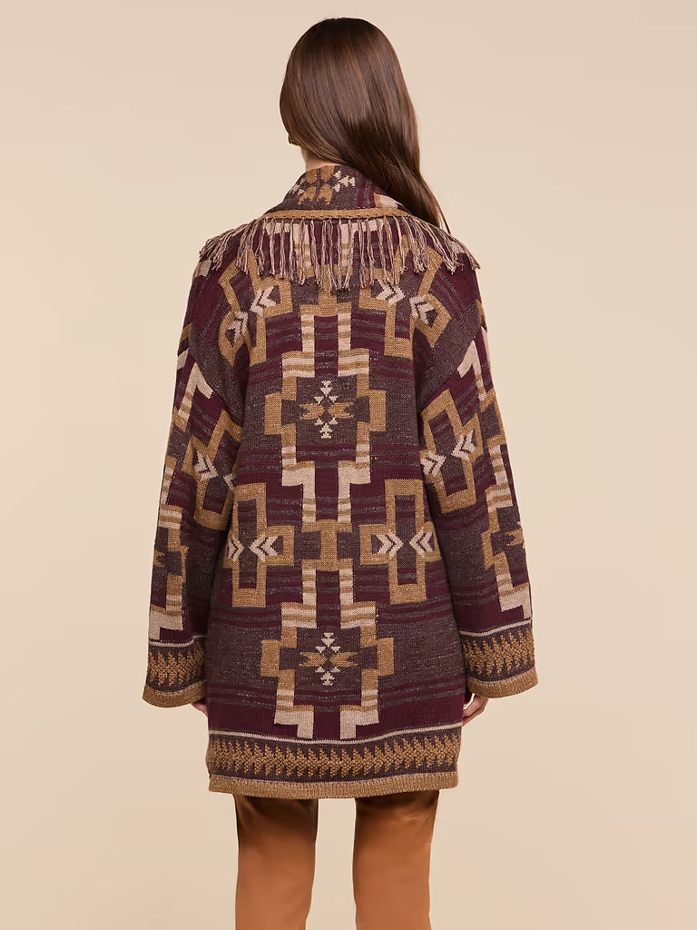 L'AGENCE Jair Jacquard Fringe Cardigan in Dark Java/Burgundy Multi