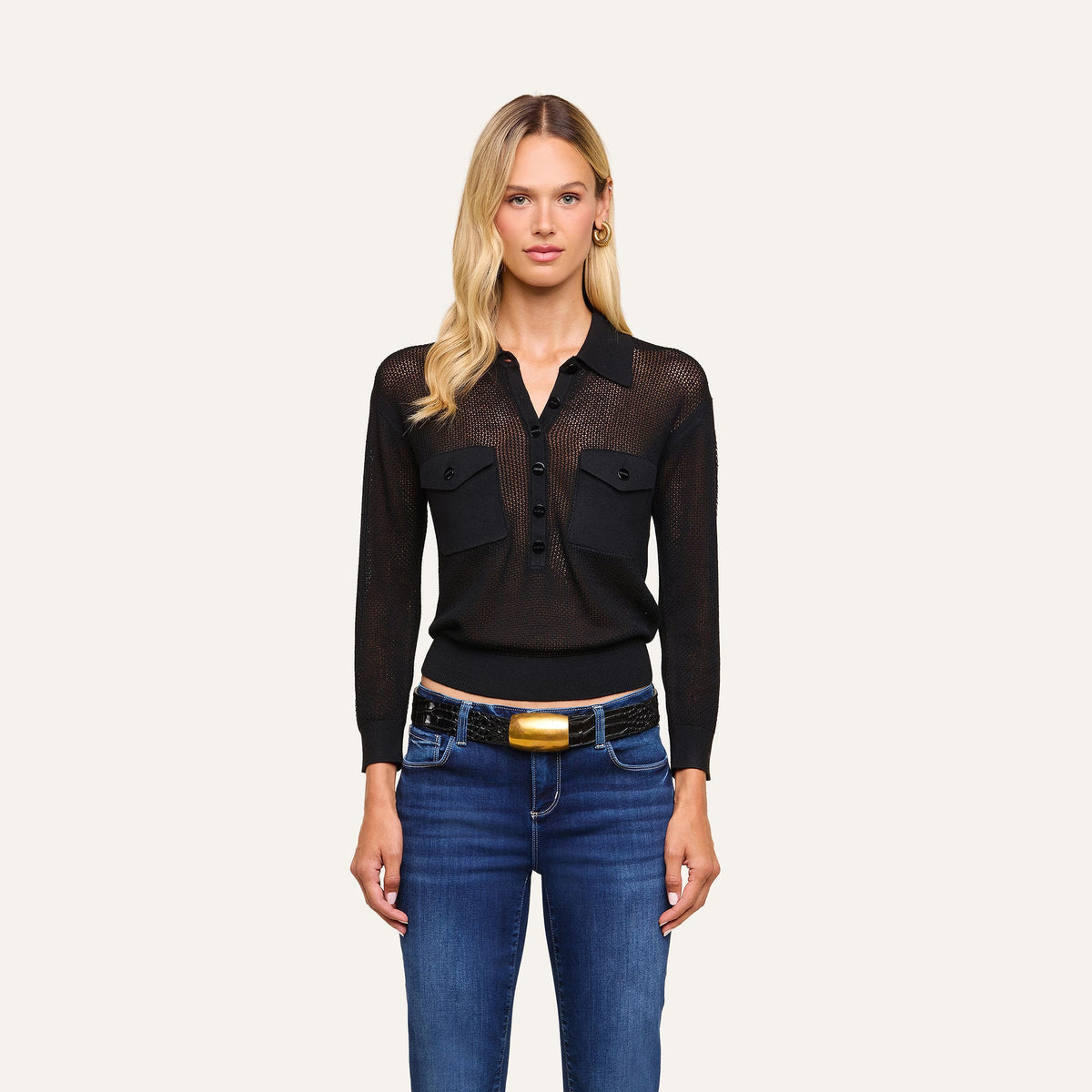 L'AGENCE Carine Pointelle Collared Sweater in Black