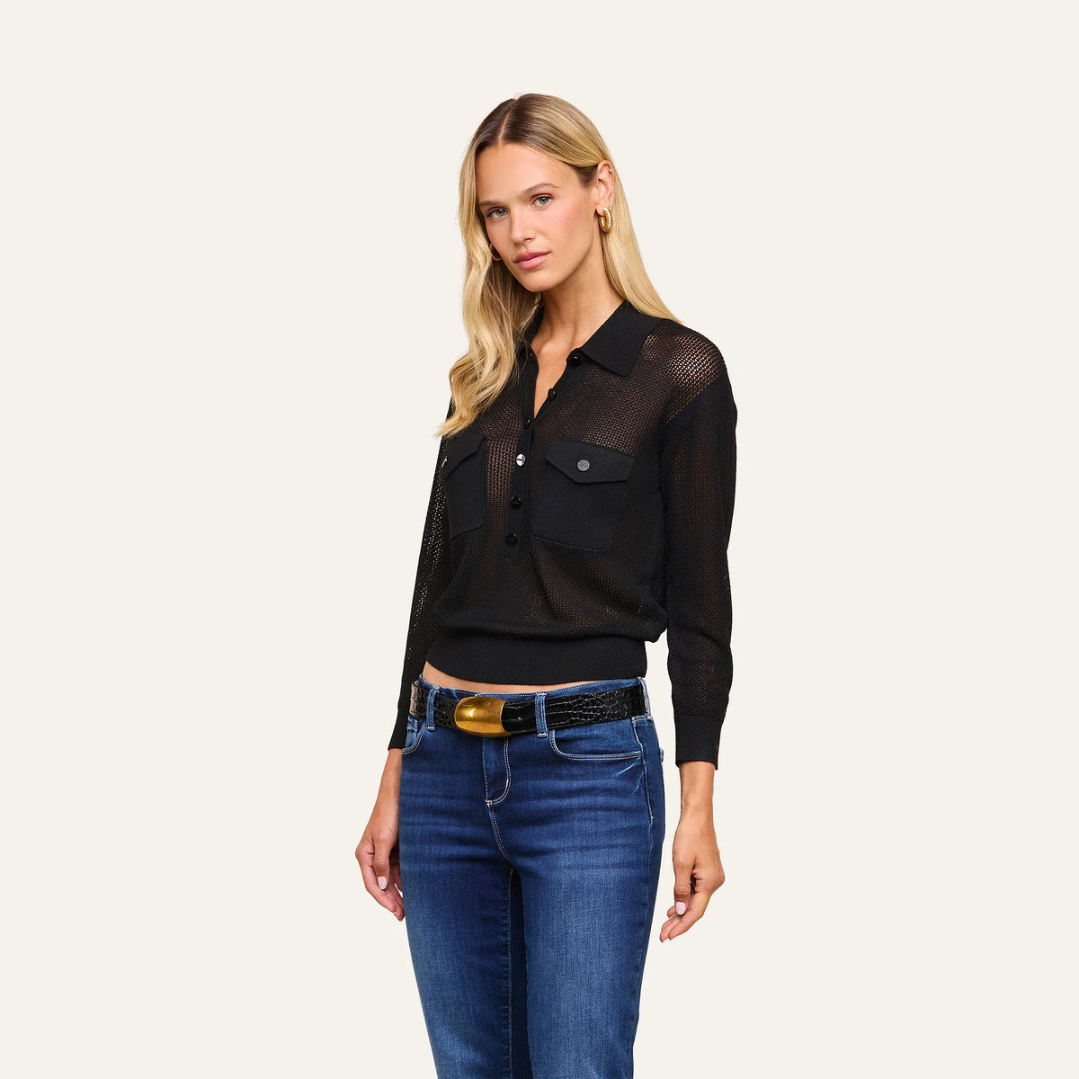 L'AGENCE Carine Pointelle Collared Sweater in Black