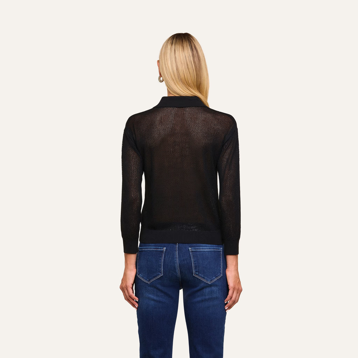 L'AGENCE Carine Pointelle Collared Sweater in Black