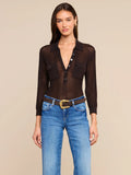 L'AGENCE Carine Pointelle Collared Sweater in Coffee Bean