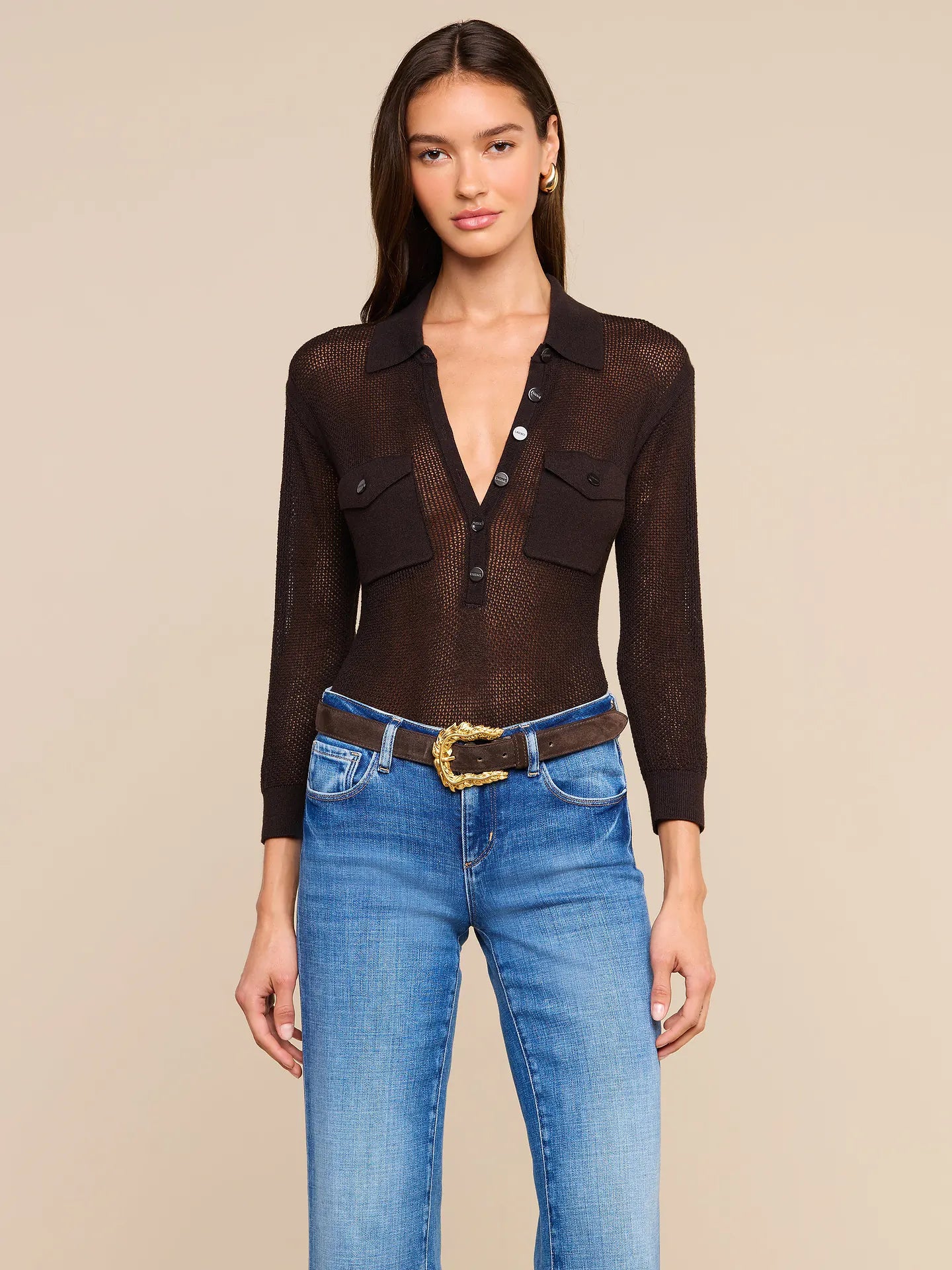 L'AGENCE Carine Pointelle Collared Sweater in Coffee Bean