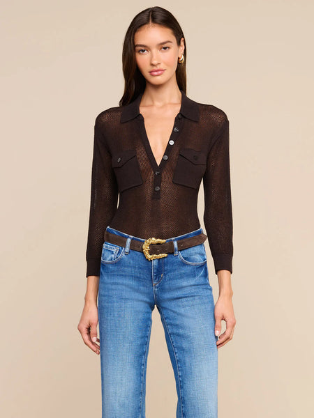 L'AGENCE Carine Pointelle Collared Sweater in Coffee Bean