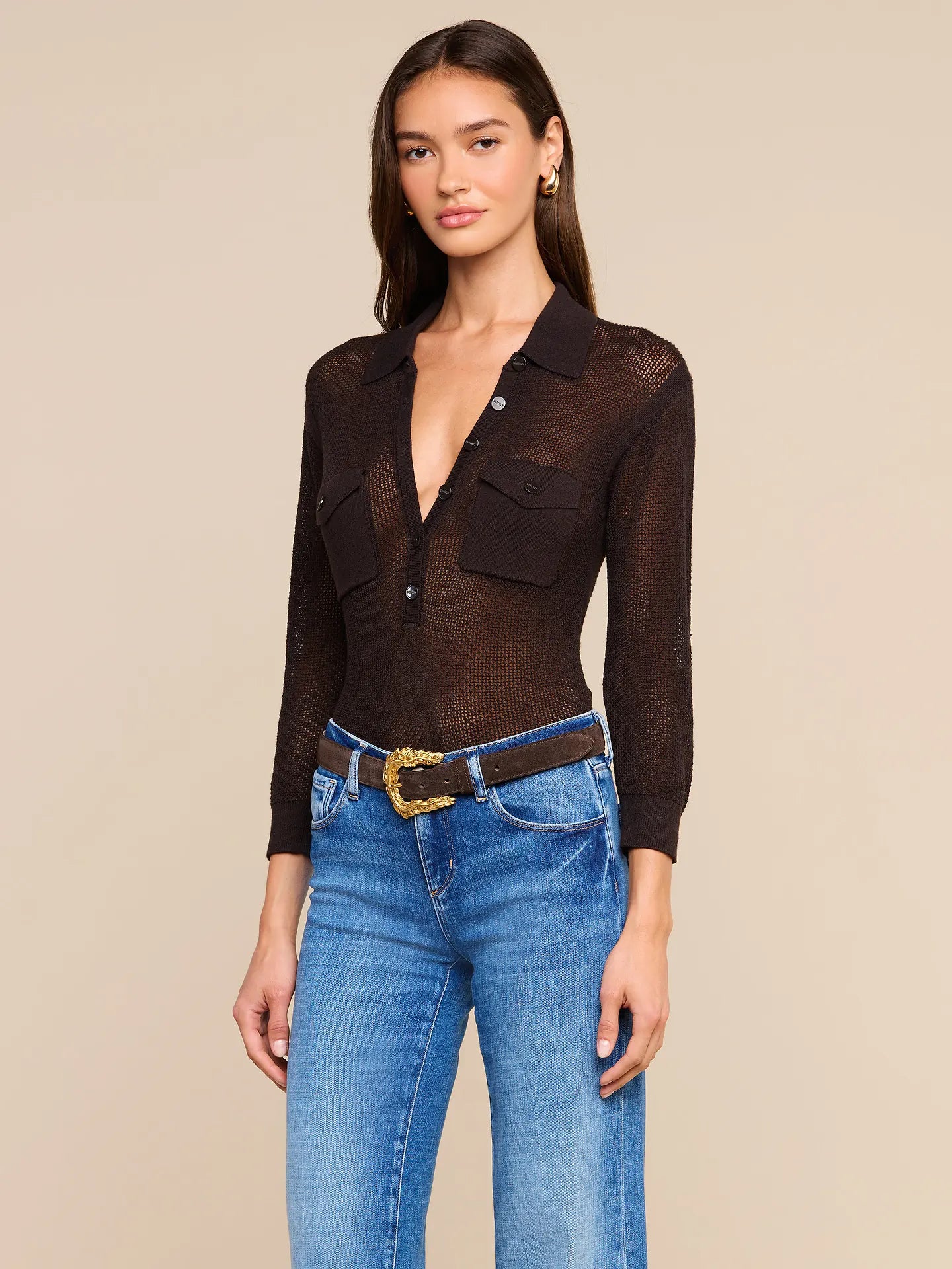 L'AGENCE Carine Pointelle Collared Sweater in Coffee Bean