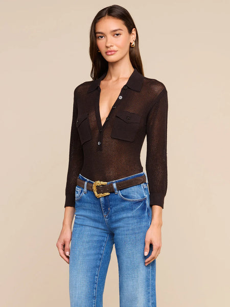 L'AGENCE Carine Pointelle Collared Sweater in Coffee Bean