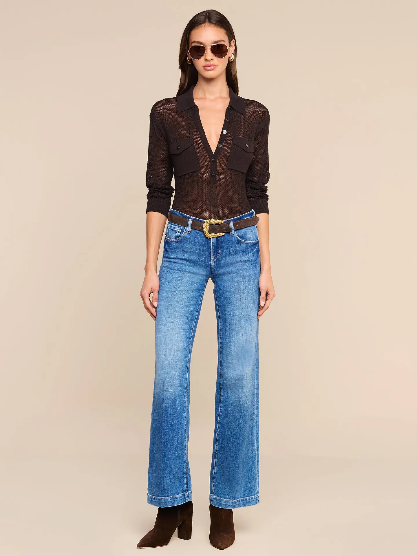 L'AGENCE Carine Pointelle Collared Sweater in Coffee Bean