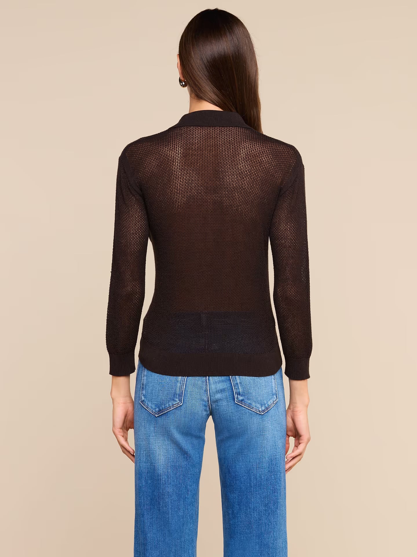 L'AGENCE Carine Pointelle Collared Sweater in Coffee Bean
