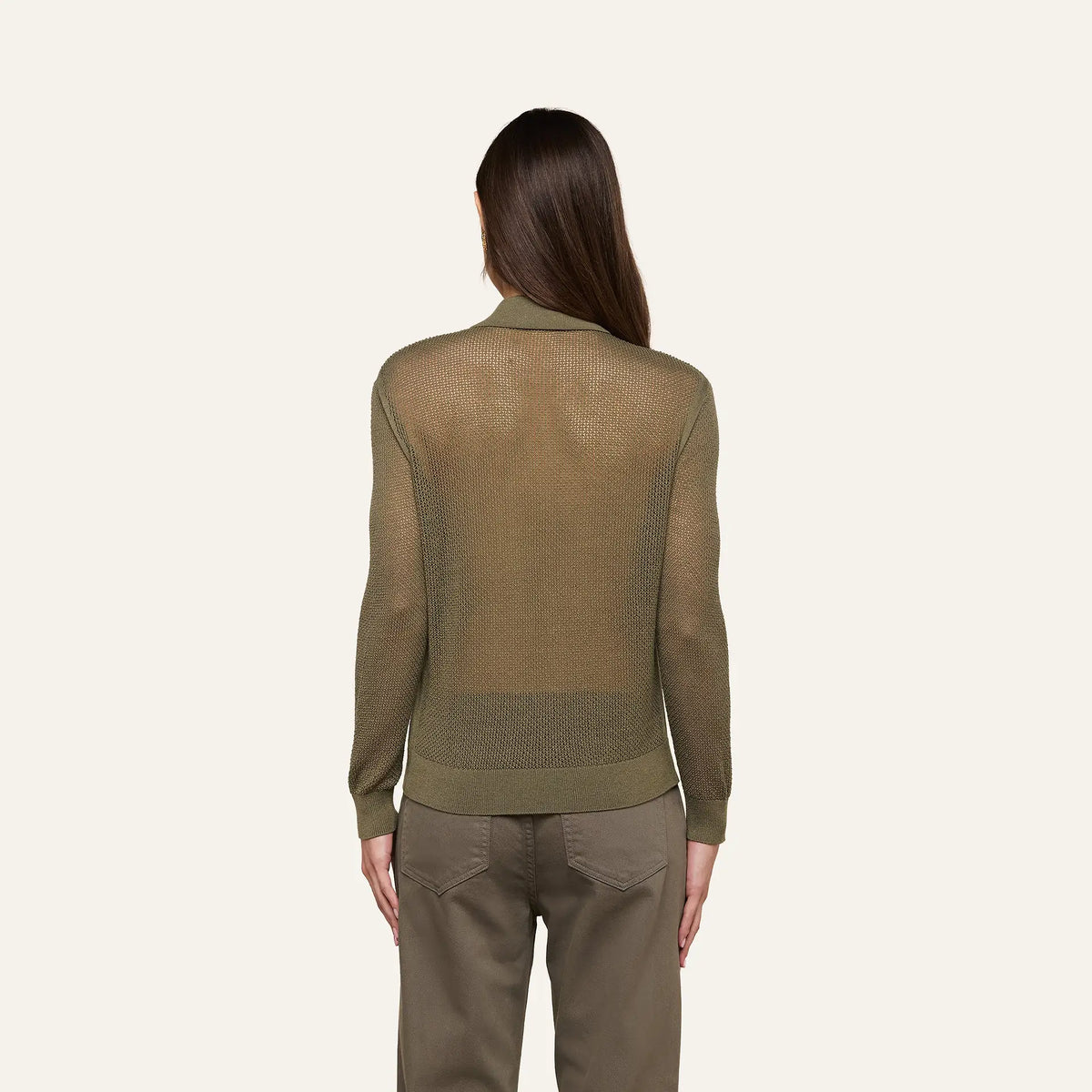 L'AGENCE Carine Pointelle Collared Sweater in Smokey Olive