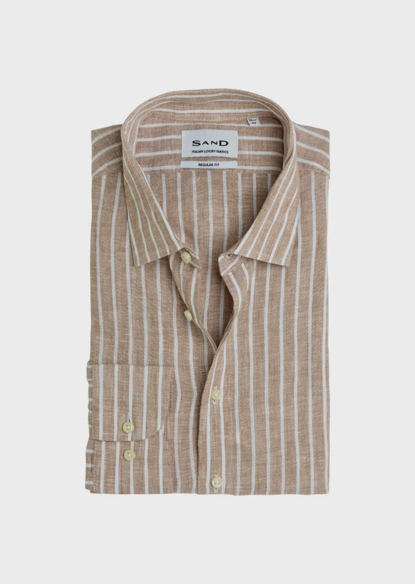 Sand 8211 State Soft L/S Linen Shirt - Light Camel Stripe