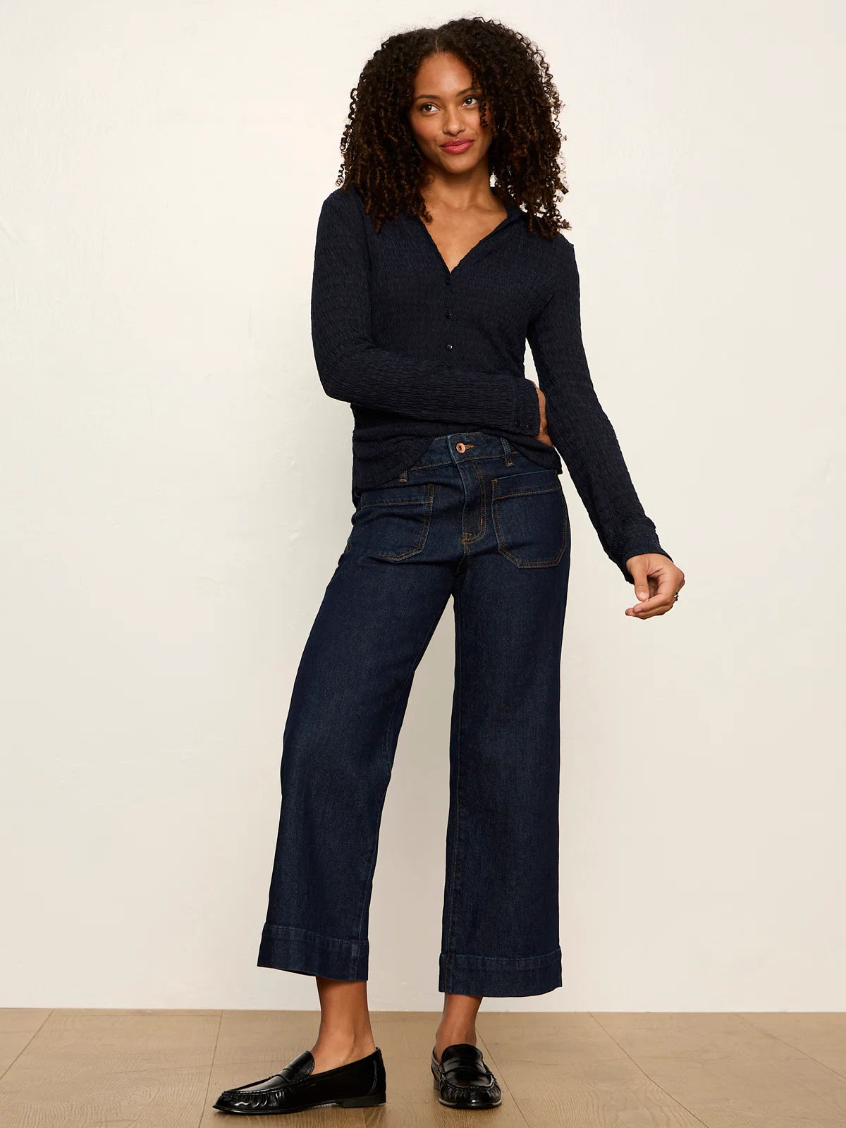 Sanctuary Juno Textured Button Front Top in Navy Blazer
