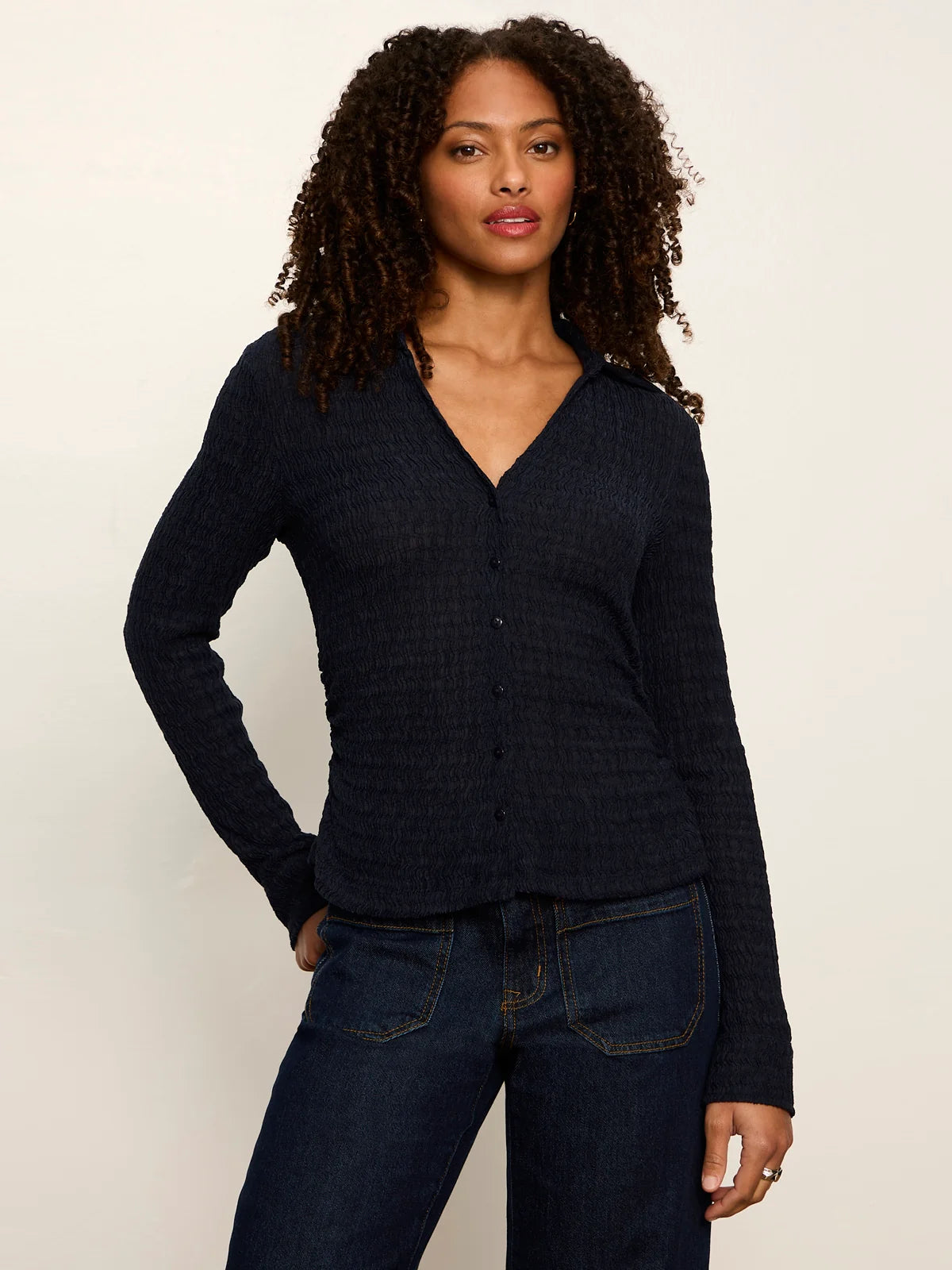 Sanctuary Juno Textured Button Front Top in Navy Blazer