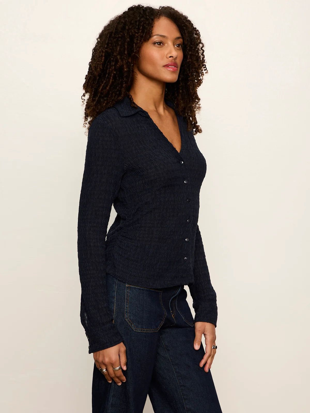 Sanctuary Juno Textured Button Front Top in Navy Blazer