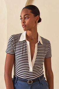 Wyeth Adams S/S Stripe Jersey Polo top in Ecru/Navy