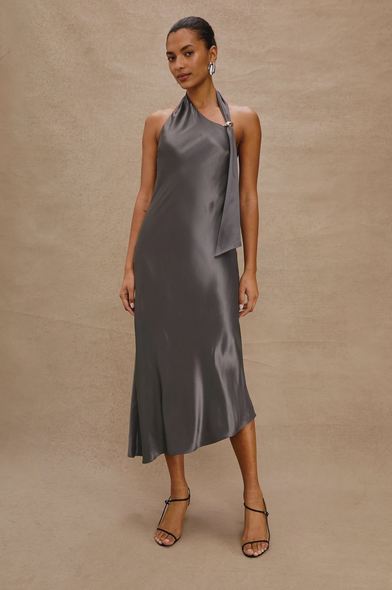 Rails Adra Satin Crepe Halter Dress in Gunmetal