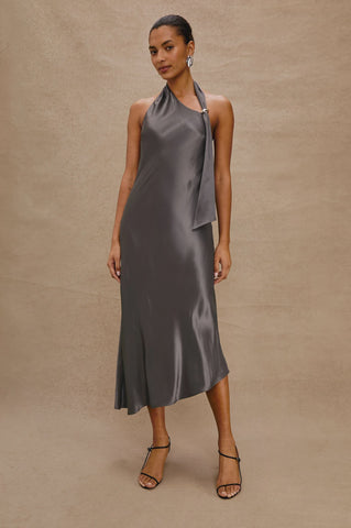 Rails Adra Satin Crepe Halter Dress in Gunmetal