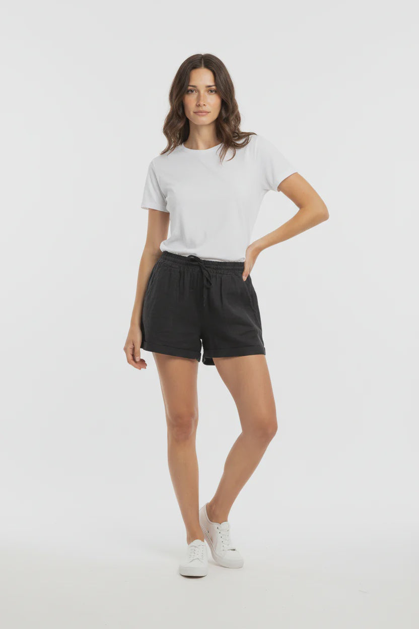Pistache Linen Rolled Up Shorts in Black