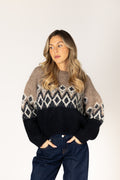 Lyla & Luxe Aria Fair Isle Crew Sweater in Camel/Black