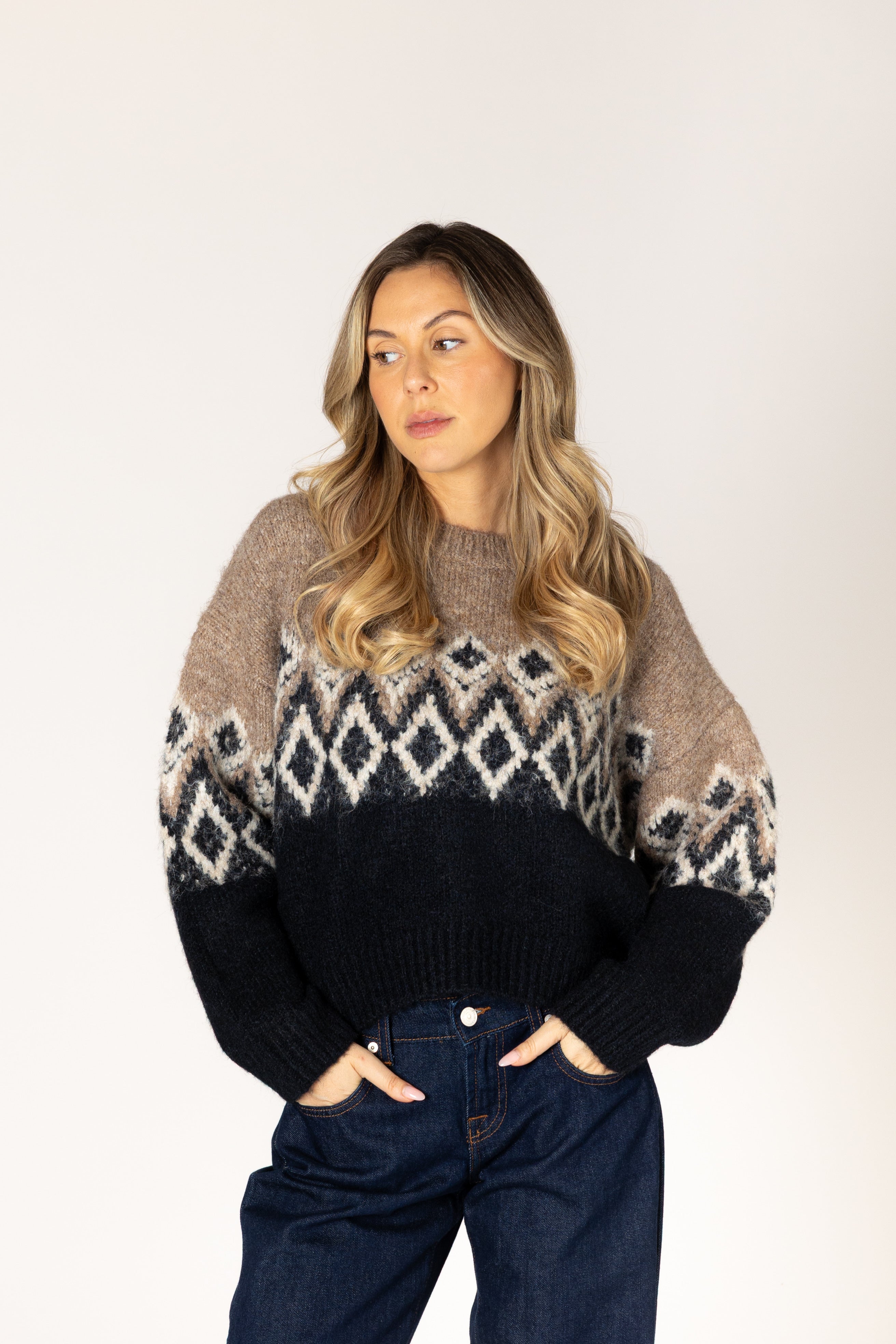 Lyla & Luxe Aria Fair Isle Crew Sweater in Camel/Black